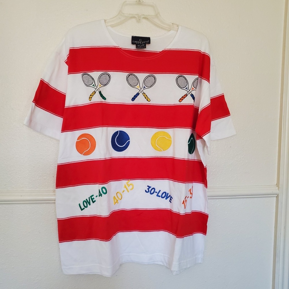 Vintage Carole Little Sport Women's Large Cotton Tennis T-Shirt Embroidered Red